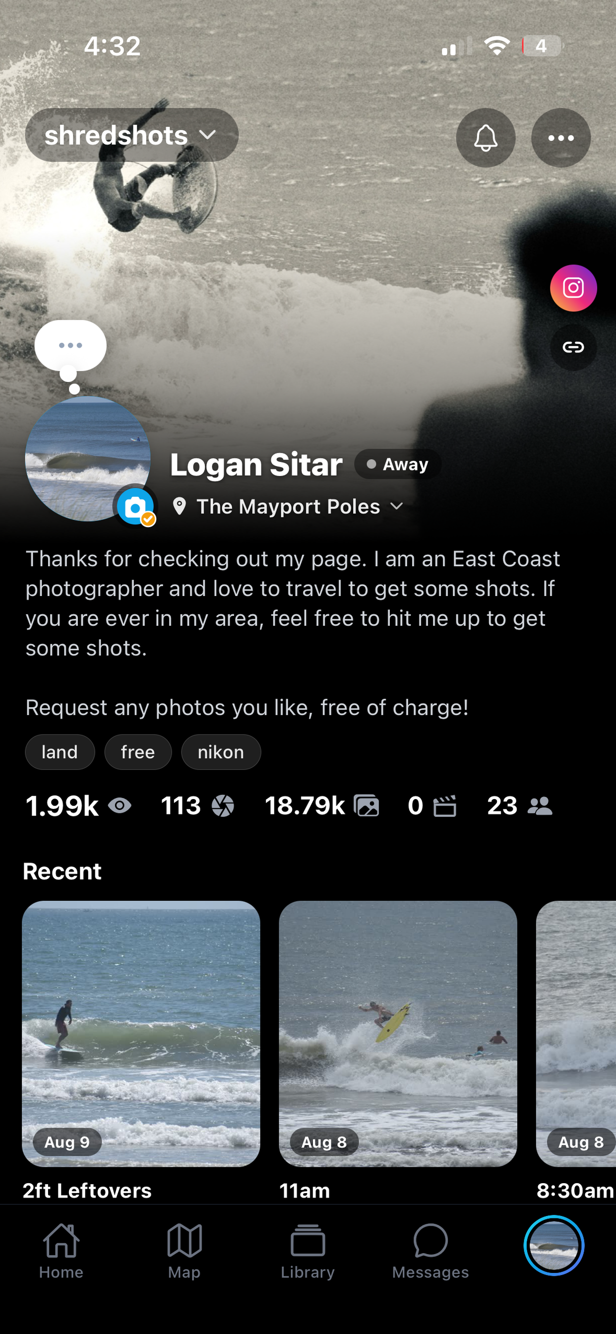 A SurfVault photographer profile with recent sessions
