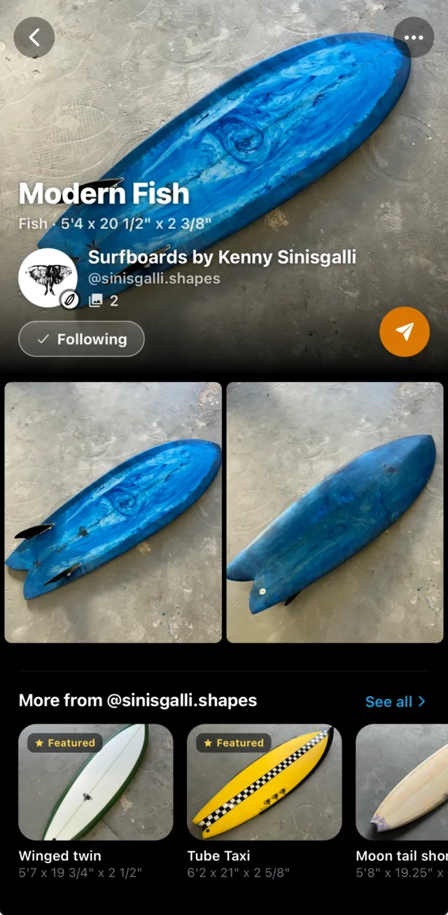 A board page in the app: photos, dimensions and a button to message the maker