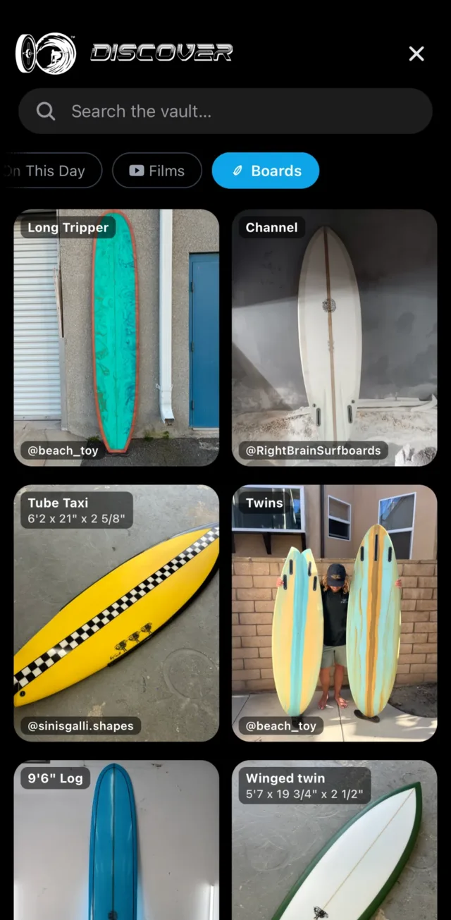 The Boards grid in the app: surfboards from shapers and brands
