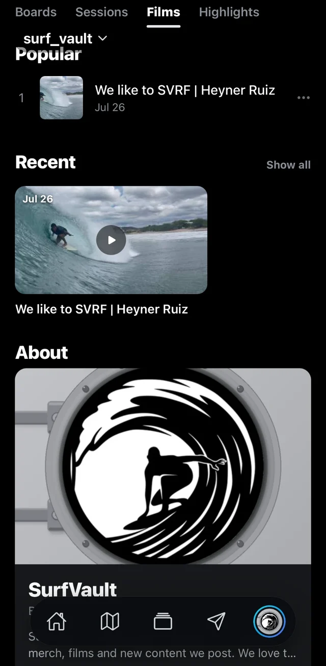 A brand profile in the app with Boards, Sessions, Films and Highlights tabs
