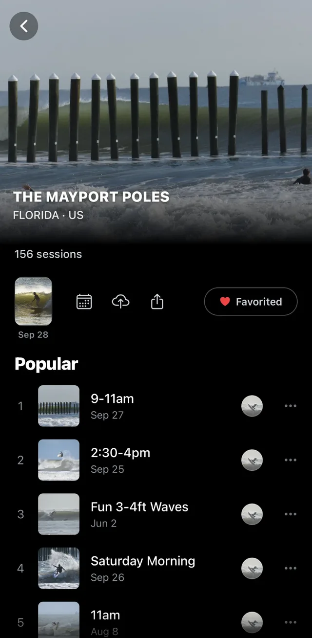 A break page: every published session at The Mayport Poles, with a calendar to jump to any date