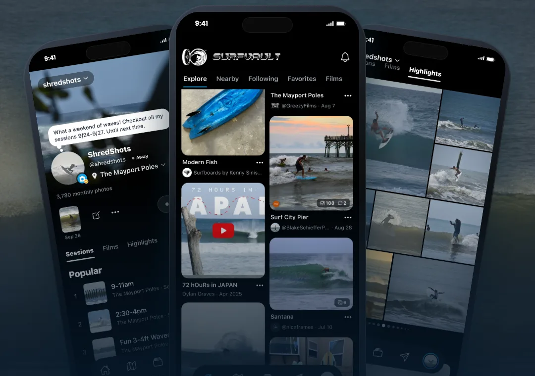 Three SurfVault app screens: a profile, the Explore feed and the Highlights tab