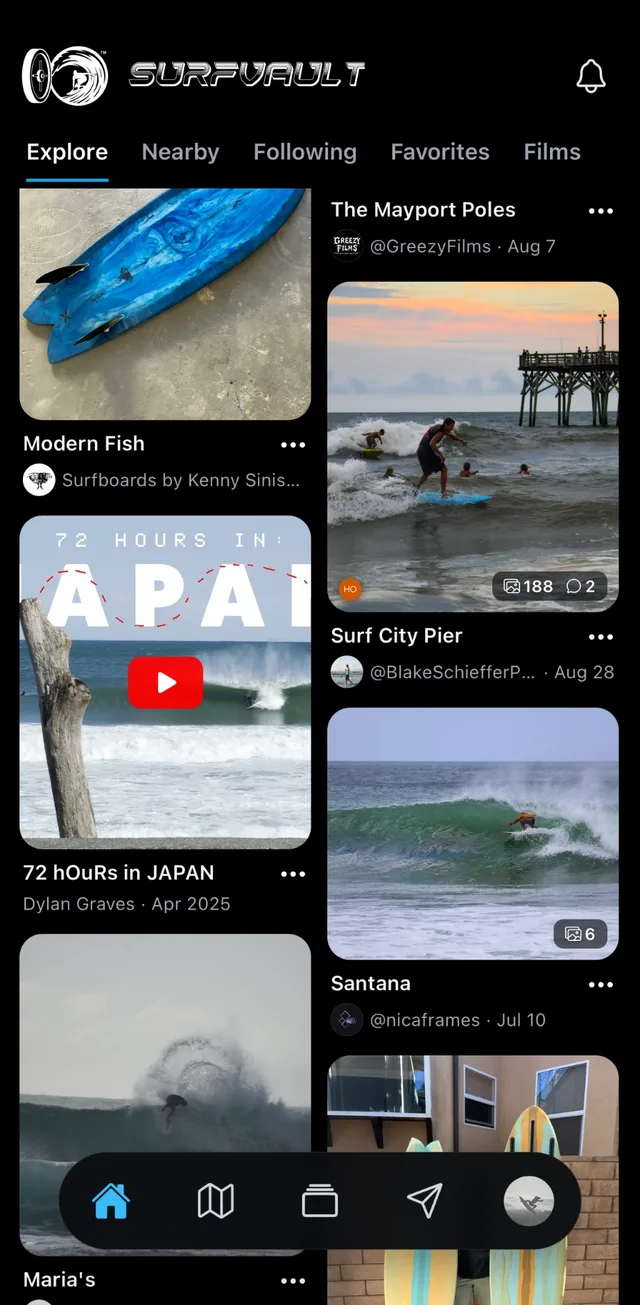The Explore feed in the app: boards, sessions and surf films from across SurfVault
