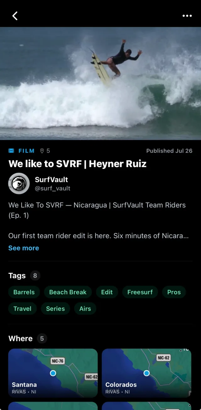 A film page in the app: the video, its tags and the breaks where it was shot