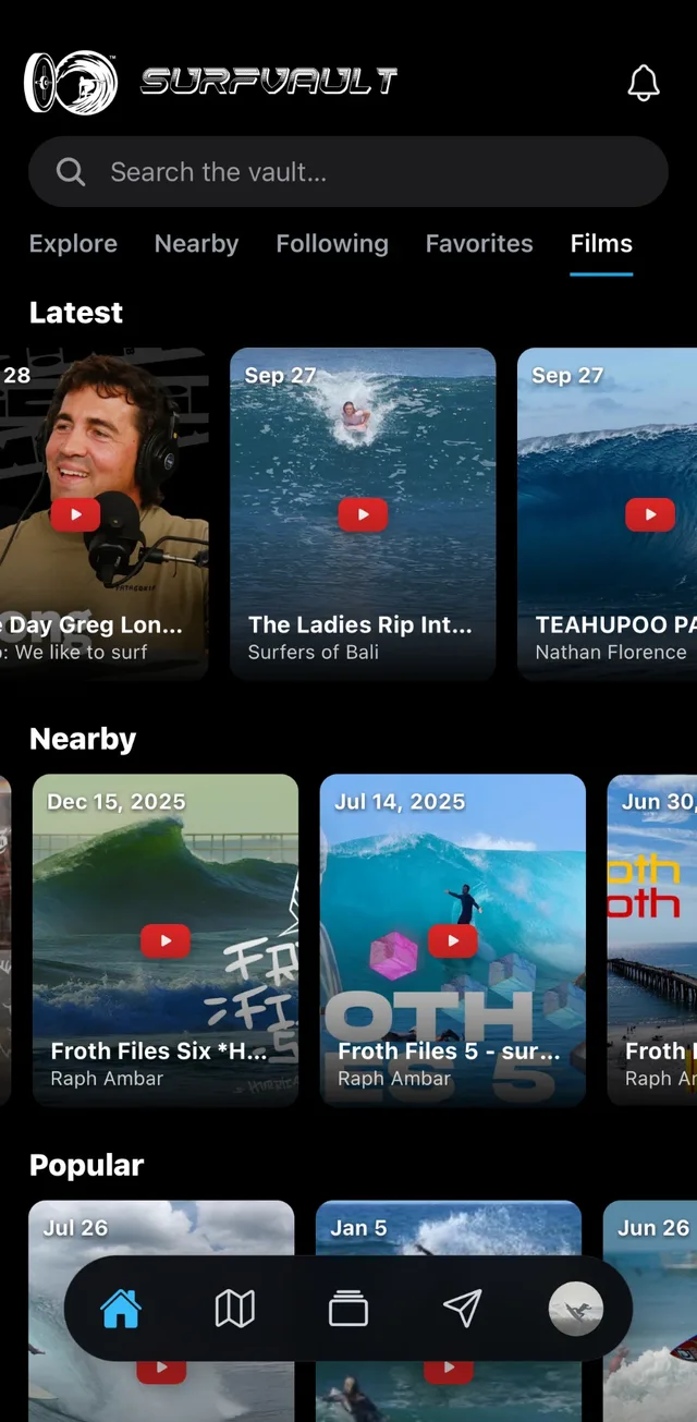 The Films tab in the app with the latest and nearby surf films