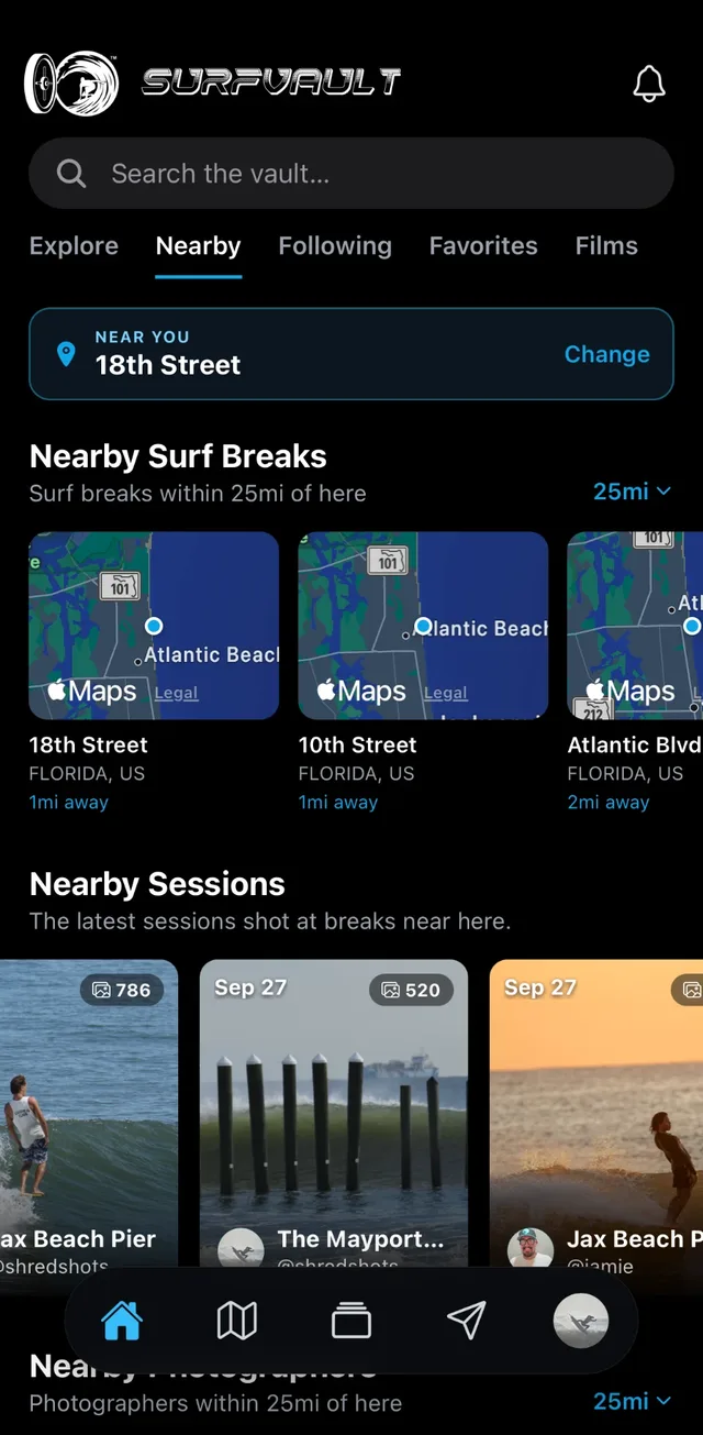 The Nearby tab in the app: surf breaks and sessions close to you