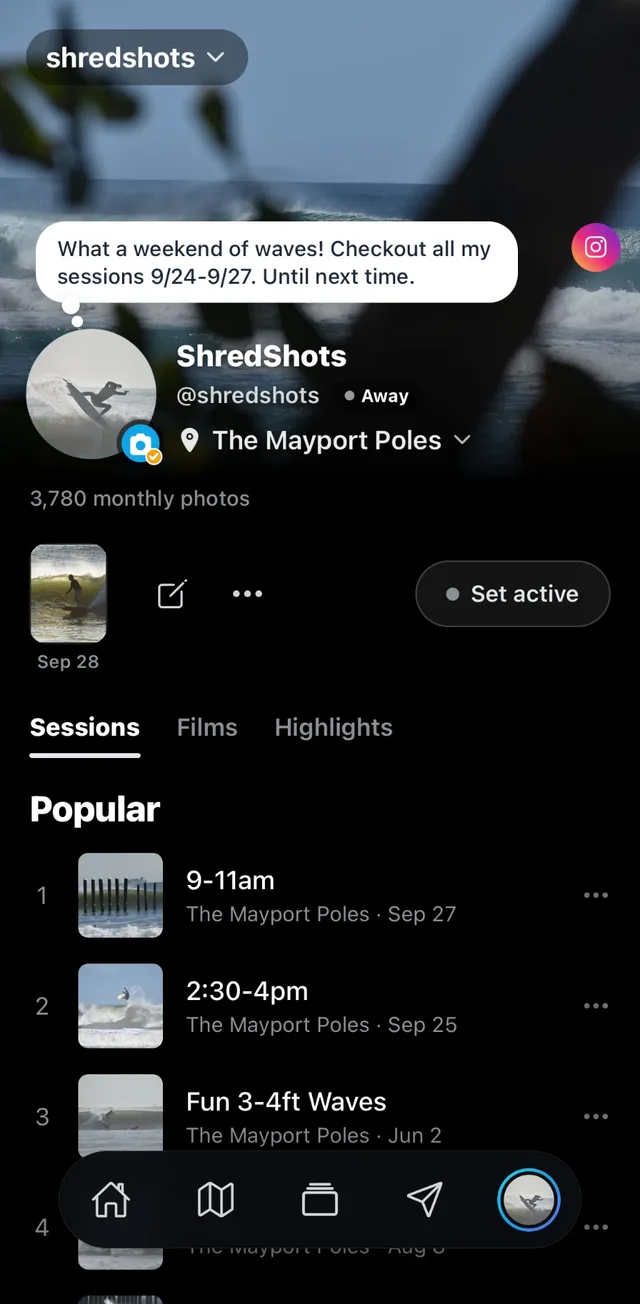 Un perfil de fotógrafo en la app: spot de casa, nota de estado y sus sesiones más populares