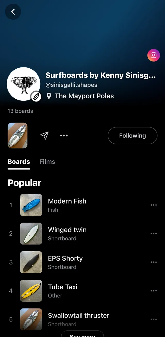 El perfil de un shaper en la app: sus tablas más populares, sus películas y su spot
