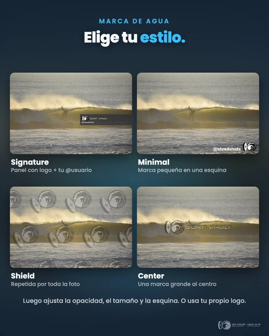 Una foto de surf con los cuatro estilos de marca de agua: Signature, Minimal, Shield y Center