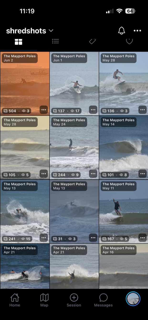 A vault of past surf sessions, each labeled by break and date
