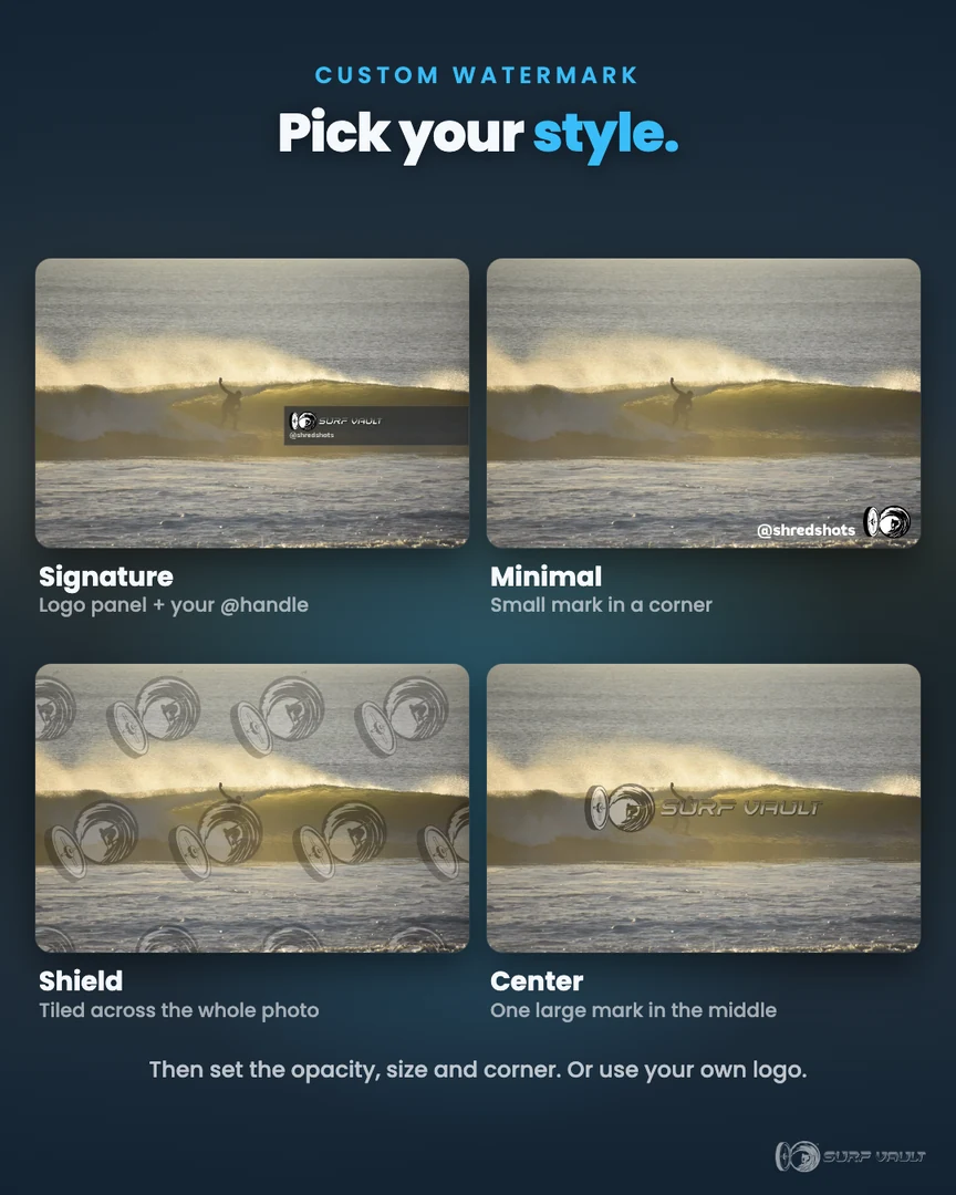 One surf photo in the four watermark styles: Signature, Minimal, Shield and Center